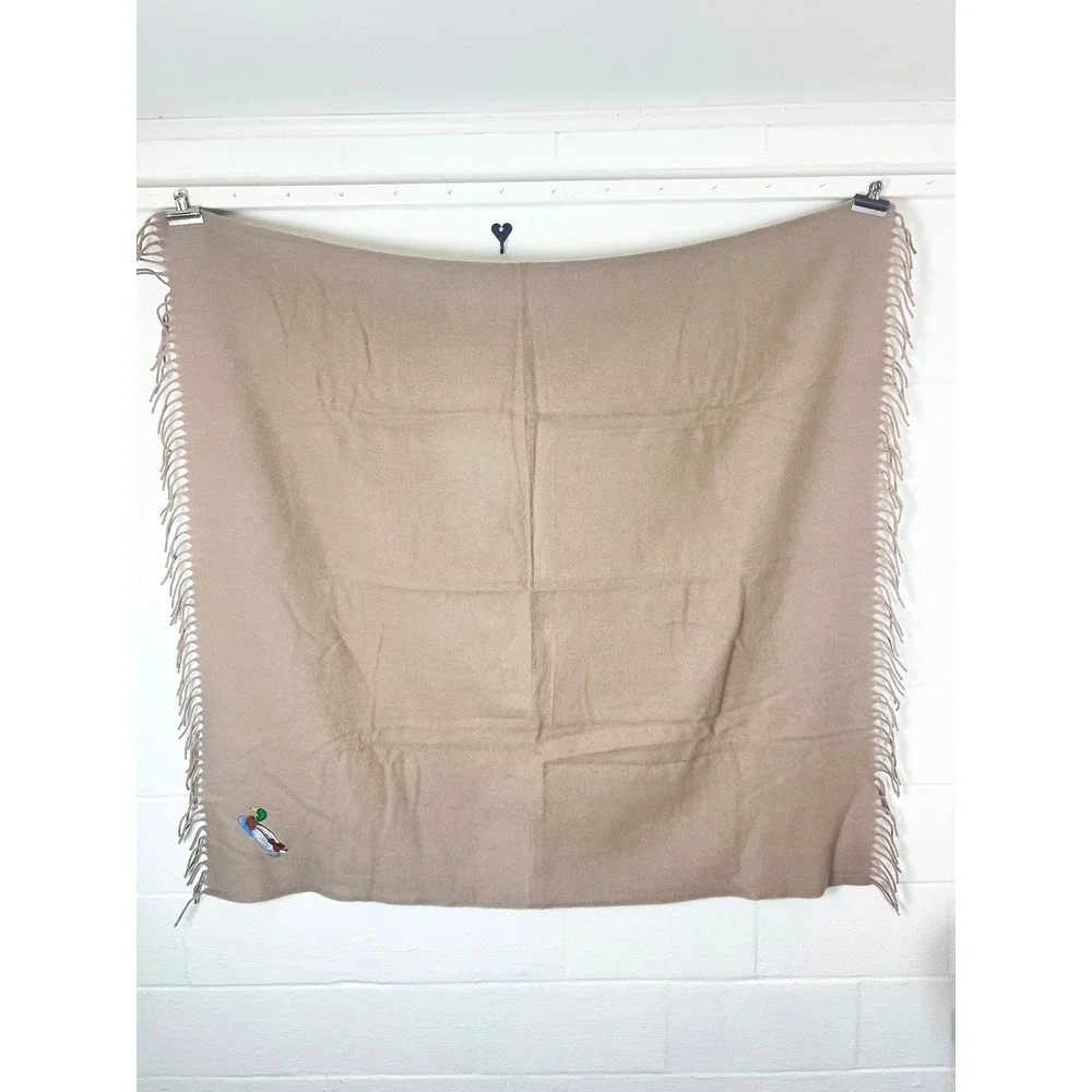 Faribo Pure Wool Throw Blanket Tan Embroidered Mallard Duck Fringe Made in USA